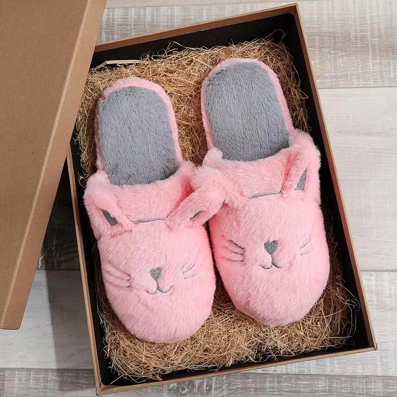 Women's Plush Cat Slippers – Cozy Non-Slip Furry Indoor Slippers