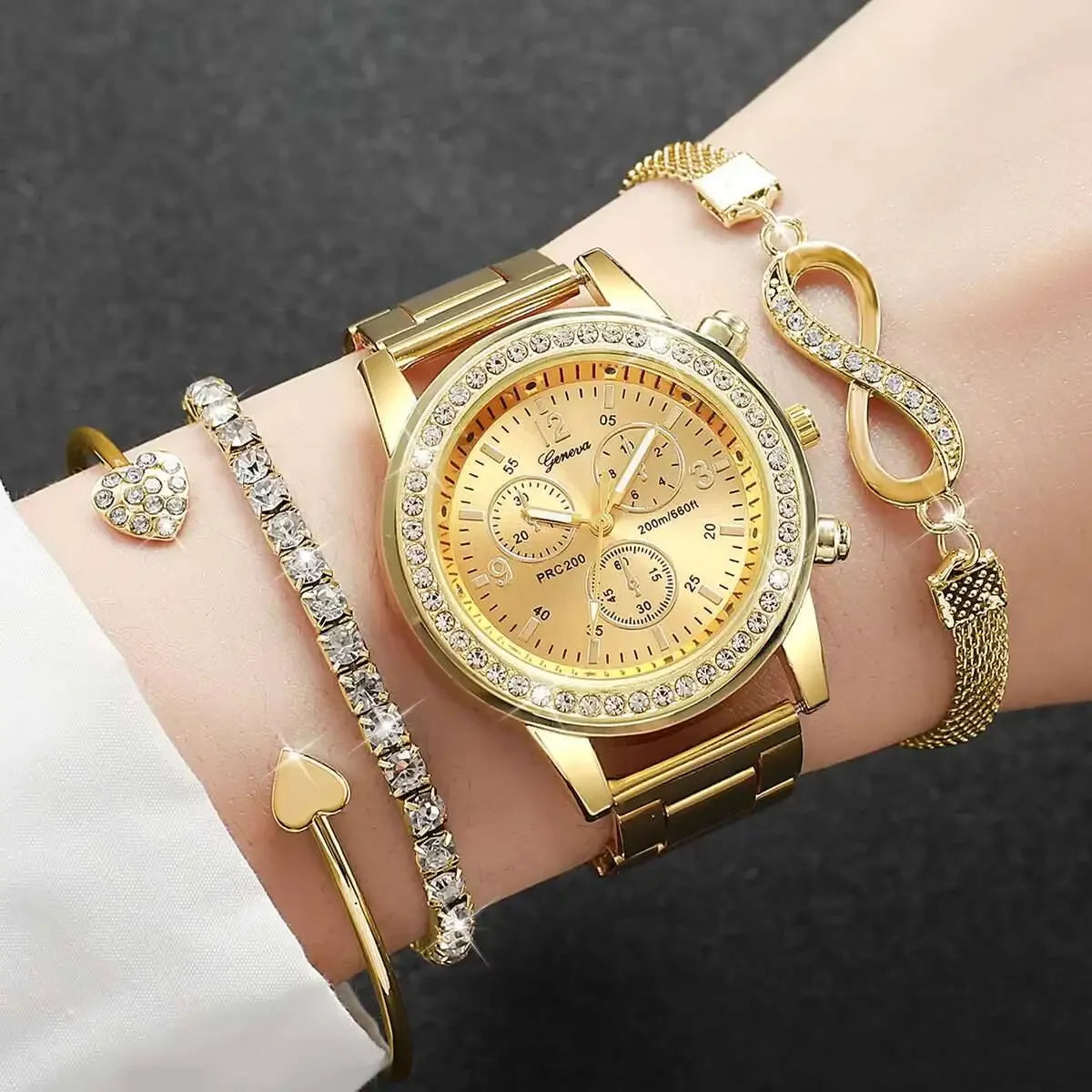 4PCS/Set Fashion Rhinestone Women Watches Luxury Steel Band Ladies Quartz Watch Bracelets Set Reloj Mujer（Without Box） Peaceful Pleasures Health and Wellness A Gold Without Box