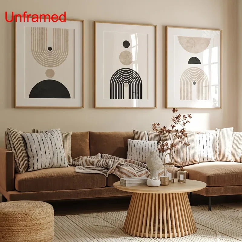 3-Piece Geometric Abstract Canvas Wall Art | Black & Beige Retro Canvas Wall Art Peaceful Pleasures Health and Wellness