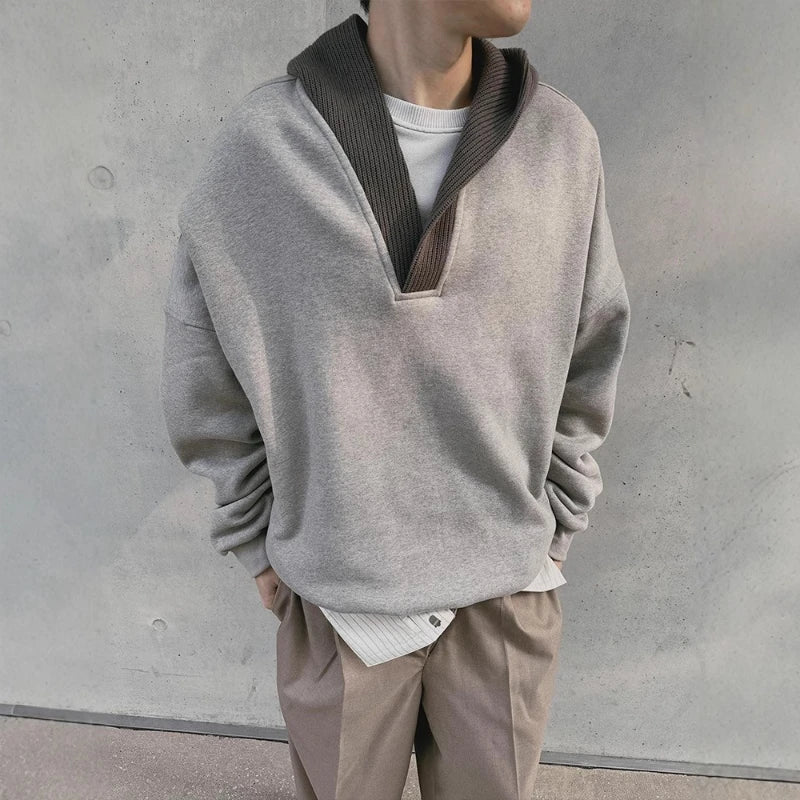 Men's Gray Loose Hooded Sweatshirt | Color-Block Casual Pullover