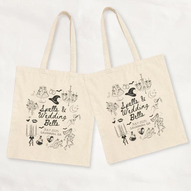 Personalized Witchy Gothic Wedding Bells Canvas Tote Bag | Bachelorette Personalized Tote Bag Peaceful Pleasures Health and Wellness