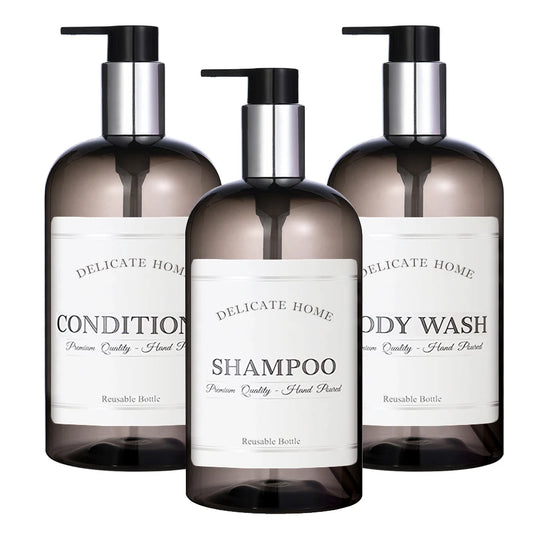 Refillable Shampoo and Conditioner Dispenser Shampoo Bottles with Pump Waterproof Labels Chic Shower Soap Dispenser Peaceful Pleasures Health and Wellness