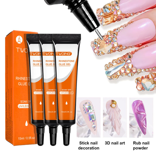 TWOING 3PCS Rhinestones Glue Nail Gel Poloish For Manicure Transparent Nail Art Sticky Gel Strong Jewelry Decorations Peaceful Pleasures Health and Wellness