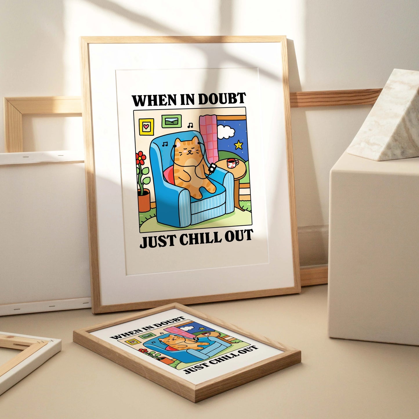 "When In Doubt, Chill Out" Cartoon Cat Canvas Wall Art Print