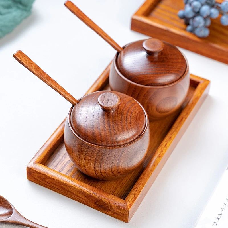 Wooden Seasoning Jar Creative Kitchen Retro Salt Sugar Pot Seasoning Storage Jar With Lid Spoon Wooden Tray Storage Containers Peaceful Pleasures Health and Wellness