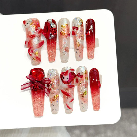 3D Snake Rose Press On Nails – Long Coffin Red Pink Gradient Press On Nails Peaceful Pleasures Health and Wellness