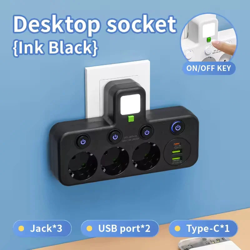 EU Plug Multi Socket Power Strip with USB-C USB Ports Night Light Individual Switches 2500W Wall Charger Adapter for Home Office Peaceful Pleasures Health and Wellness Black 3 holes EU Plug