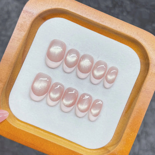 10pcs Handmade Press on Nails Sweet Pink Cat Eye Korean Fake Nail Tips for Girl Wearable Short Round French Shiny False Nails Peaceful Pleasures Health and Wellness XS
