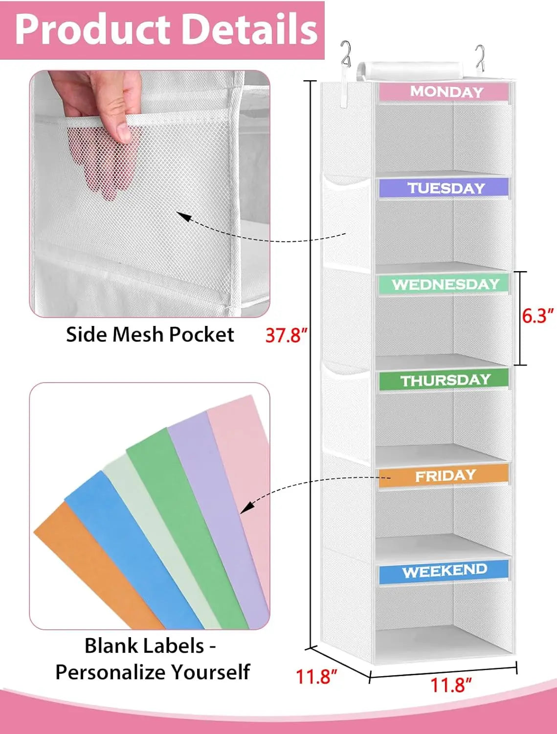 Product details of a vertical organizer with labeled days of the week and side mesh pocket.