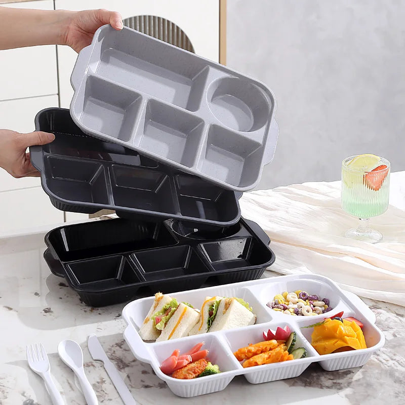 Portable 5 grids Meal Box Food Grade PP Rectangular Divided Lunchbox Separating Plates with knife fork spoon Dinnerware Set Peaceful Pleasures Health and Wellness