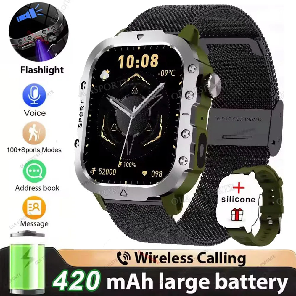 2026 Outdoors Durable Men Sports Smart Watch 1400mAh Battery LED Flashlight Waterproof Bluetooth Call Military Smartwatchs HW12 Peaceful Pleasures Health and Wellness 2.01 Gr22BkMilan Smartwatch
