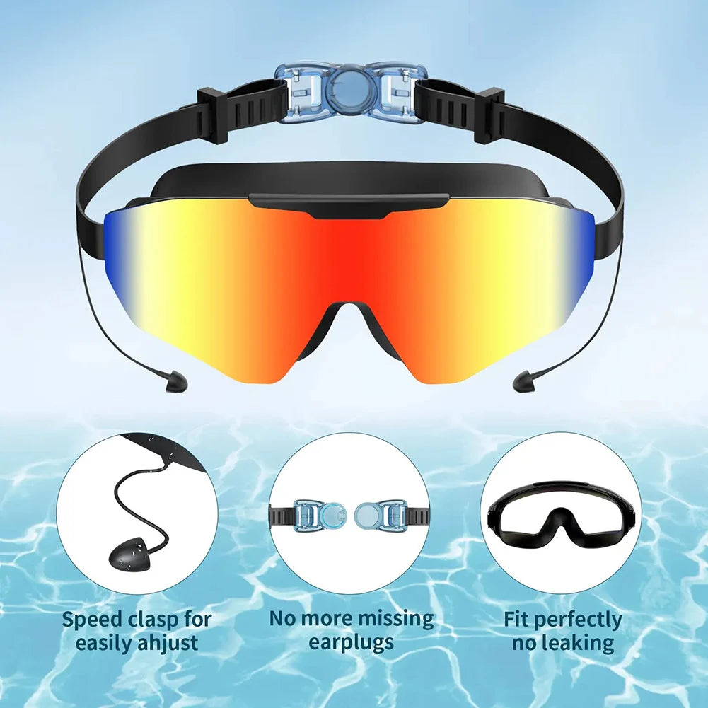Mirrored Anti Fog Swimming Eyewears,Large Frame Swim Swimming Goggles With Earplugs,Wide View Professional Swimming Glasses Peaceful Pleasures Health and Wellness