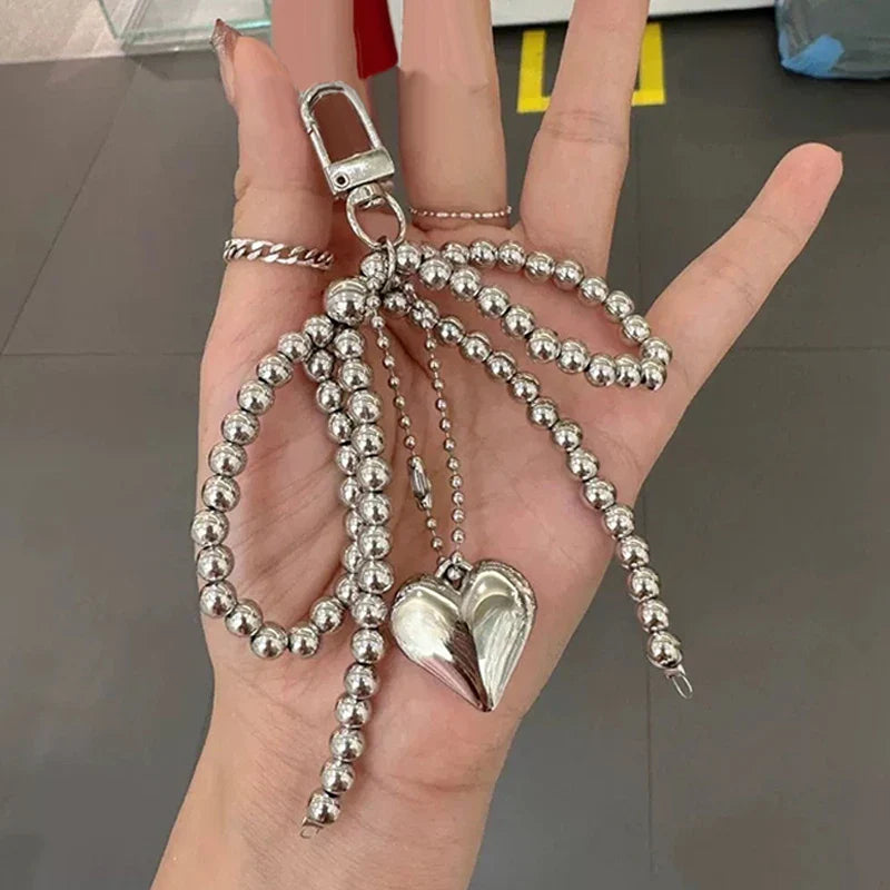 Handmade Pearl Bow Heart Keychain – Beaded Bag & Phone Charm