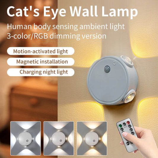 RGB 4-Headed Magnetic Cat Eye Wall Lamp Rechargeable Motion Sensor Night Light 3colors Bedroom Stair Bedside Closet Ambient Lamp Peaceful Pleasures Health and Wellness