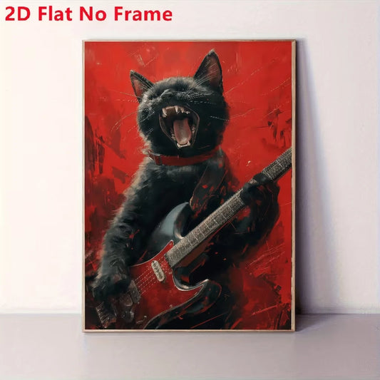 Black Cat Playing Guitar Canvas Wall Art | Rock Music Print Canvas Wall Art Print Peaceful Pleasures Health and Wellness G4757 30x40cm Wood Framed