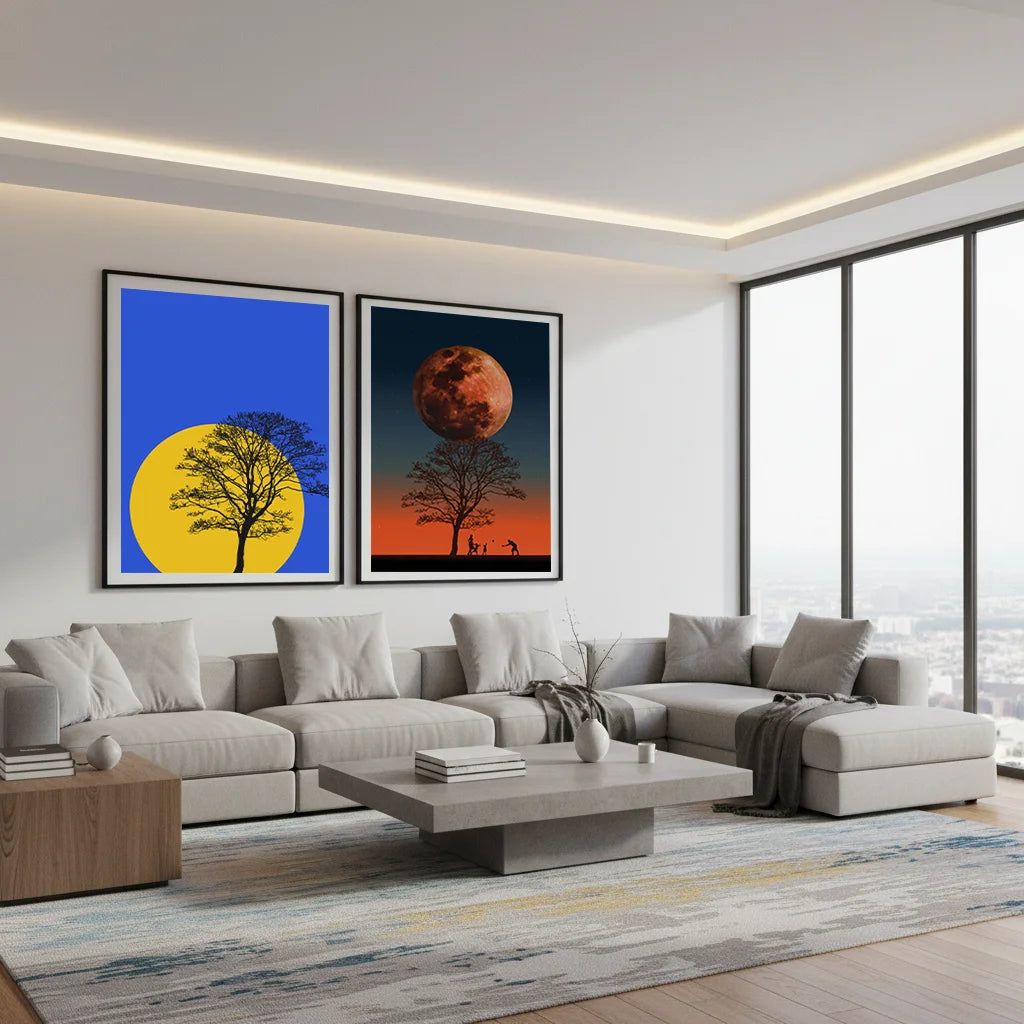 Abstract Wall Art Landscape Tree Sun Moon Silhouette Canvas Painting Modern Style Poster Prints for Living Room Wall Decor Peaceful Pleasures Health and Wellness