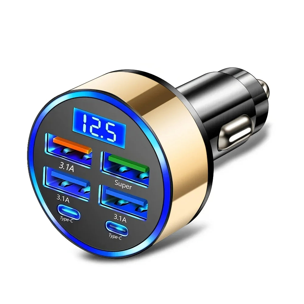 100W 6-in-1 Car Charger PD QC3.0 Fast Charging Adapter 2PD+4USB Digital Display 12-24V For iPhone Samsung Xiaomi Peaceful Pleasures Health and Wellness