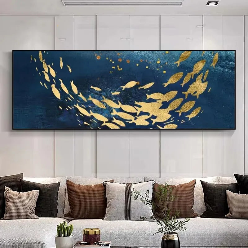 Large Wall Decorative Painting on Canvas Chinese Style Koi Poster Nine Fish Illustration Feng Shui Carp Lotus Pond Home Decor Peaceful Pleasures Health and Wellness ZLH3494 80x240cm Unframed