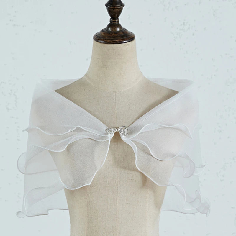 Women Vintage Layered Gauze Shawl Wrap Shrug Rhinestone Buckle Front Wedding Dress Cover Up Sexy Off Shoulder Ruffles Bolero New Peaceful Pleasures Health and Wellness White One Size