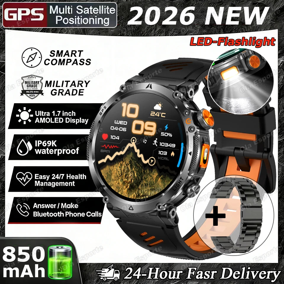 2026 Military Outdoor Smart Watch Men Dual-Frequency High-Precision Positioning Compass Sports IP68 Waterproof GPS Smartwatch Peaceful Pleasures Health and Wellness Or22BkSzstrap