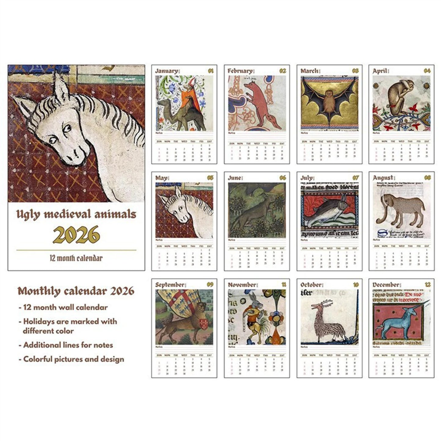 2026 Wall Calendar with Medieval Animal Theme Ugly Style Humorous Illustration Design for Office Home Decor and Gift Use Peaceful Pleasures Health and Wellness