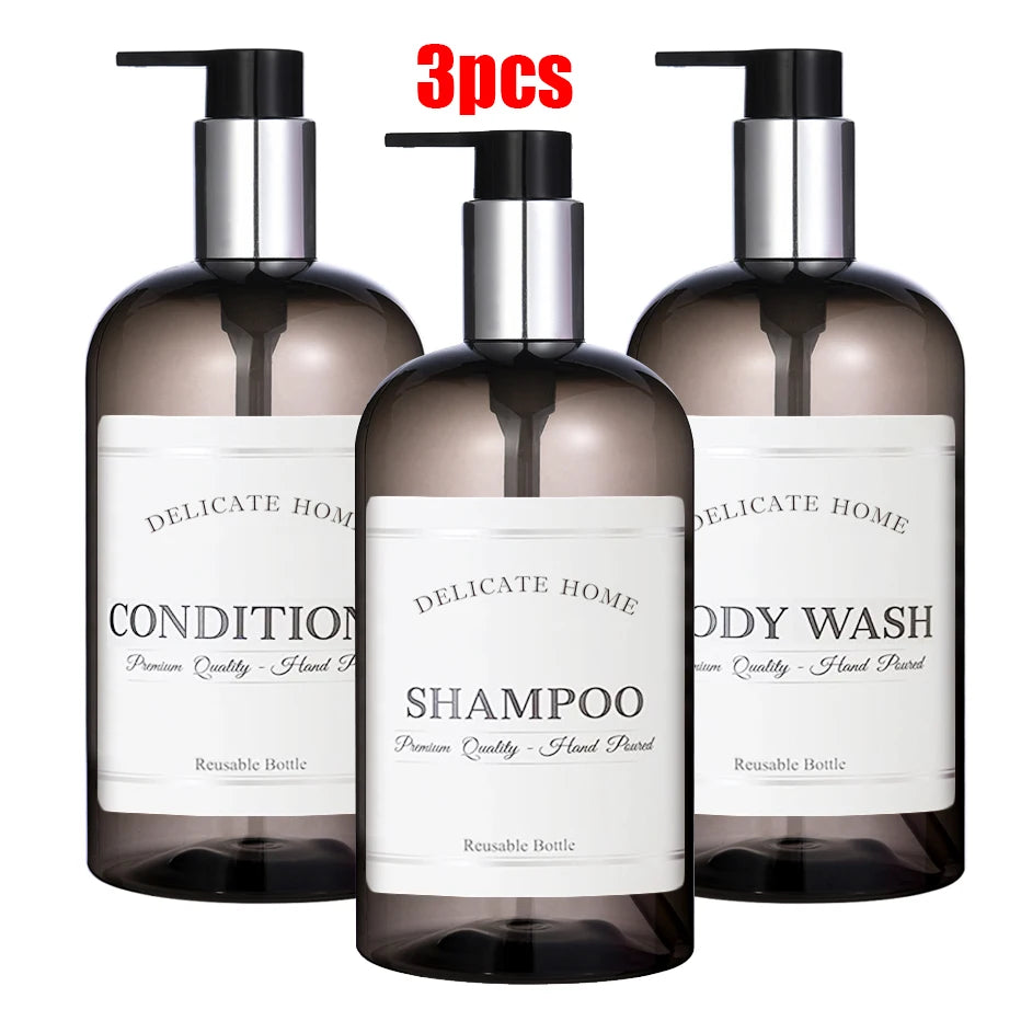 Refillable Shampoo and Conditioner Dispenser Shampoo Bottles with Pump Waterproof Labels Chic Shower Soap Dispenser Peaceful Pleasures Health and Wellness 3pcs black bottle