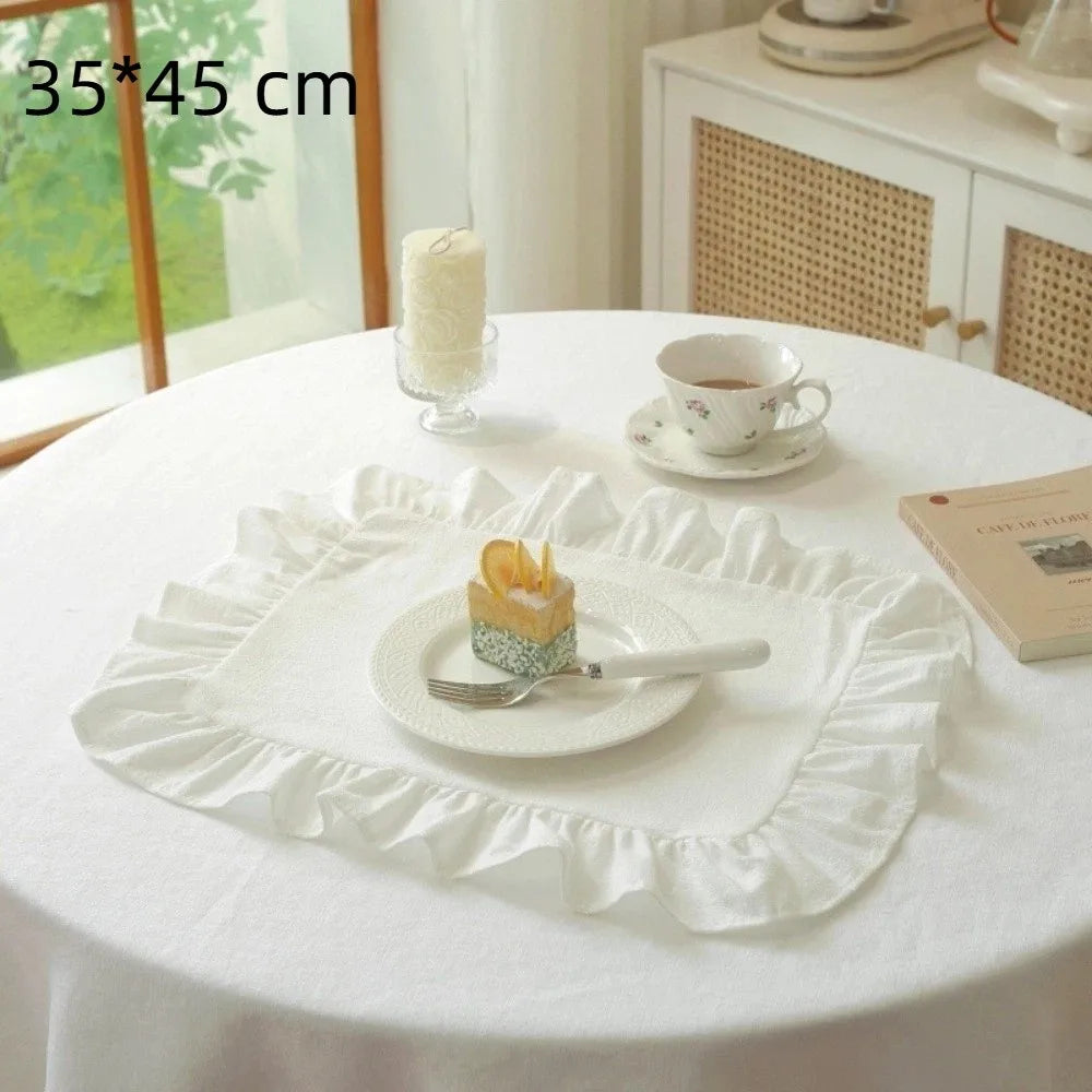 Retro Soft Ruffle Placemats Round Cotton Table Cup Mat Square French Coasters Table Decor Peaceful Pleasures Health and Wellness 35x45 White L