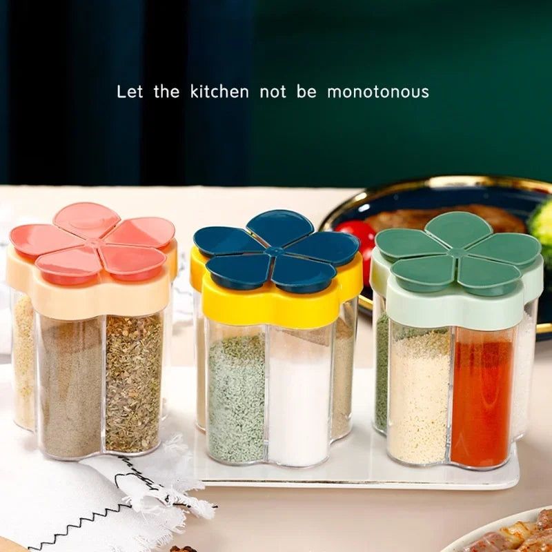 5-Compartment Seasoning Jar & Spice Organizer – Transparent PP with Mesh Pour Spout for Kitchen & Camping