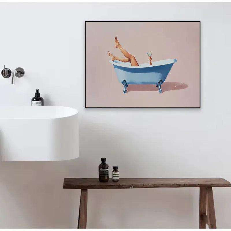Retro Martini Girl Bathtub Canvas Wall Art | Glam Bathroom Decor