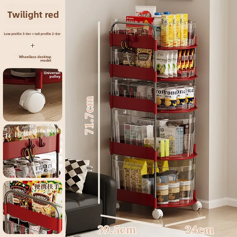 Mobile Cart Storage Rack Floor Standing Multi-Tiered Household Snack Kitchen Utility Organizer with Wheels Multi-Purpose Storage Peaceful Pleasures Health and Wellness 5 Wheels Red