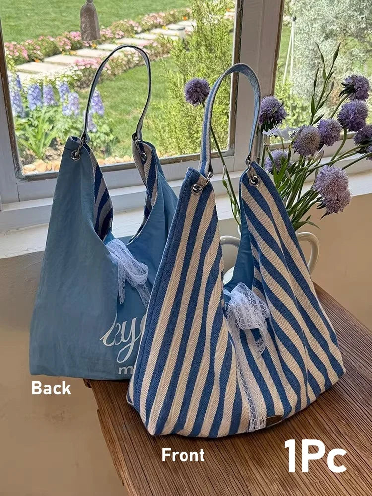 Double-Sided Women's Tote Bag | Striped Lace Bow Shoulder Bag