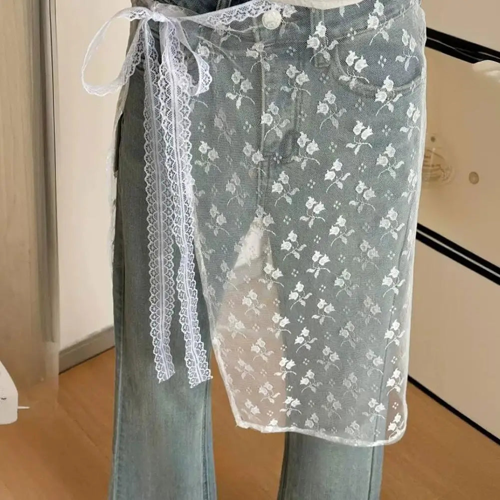 Blogger Lace Layered Gauze Skirt With Tie Up Spicy Girl Stacked Skirt INS Streetwear Apron Wrap Skirt Lace Up Matching Pants Peaceful Pleasures Health and Wellness