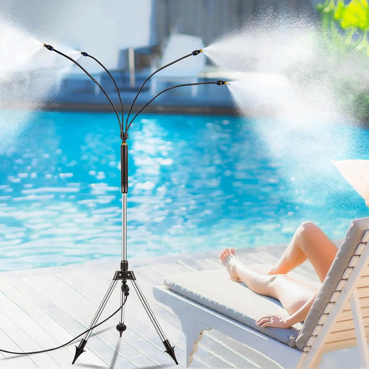 Standing Misters for Outside Patio with Filter - Adjustable Height 3.2-4.1FT Misting System Line 26.5FT Portable Water Misters Peaceful Pleasures Health and Wellness