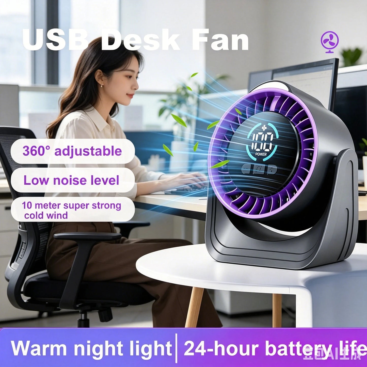 ZNLYRION Rechargeable USB Desk Air Circulation Fan 360° Adjustable 100 Speeds Quiet Table Cooling Fan with Night Light 24H Long Battery Life For Home Office Bedroom Peaceful Pleasures Health and Wellness