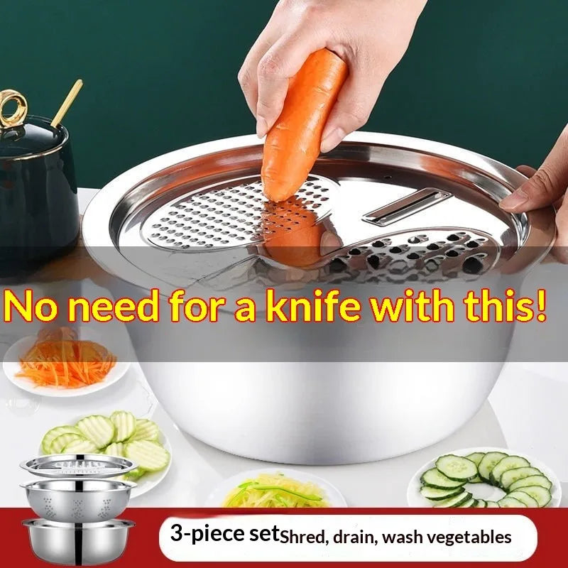 New 3pcs Stainless Steel Multi-Functional Kitchen Grater Set Draining Bowl with Vegetable Washing Mandoline Slicer for Potato Peaceful Pleasures Health and Wellness
