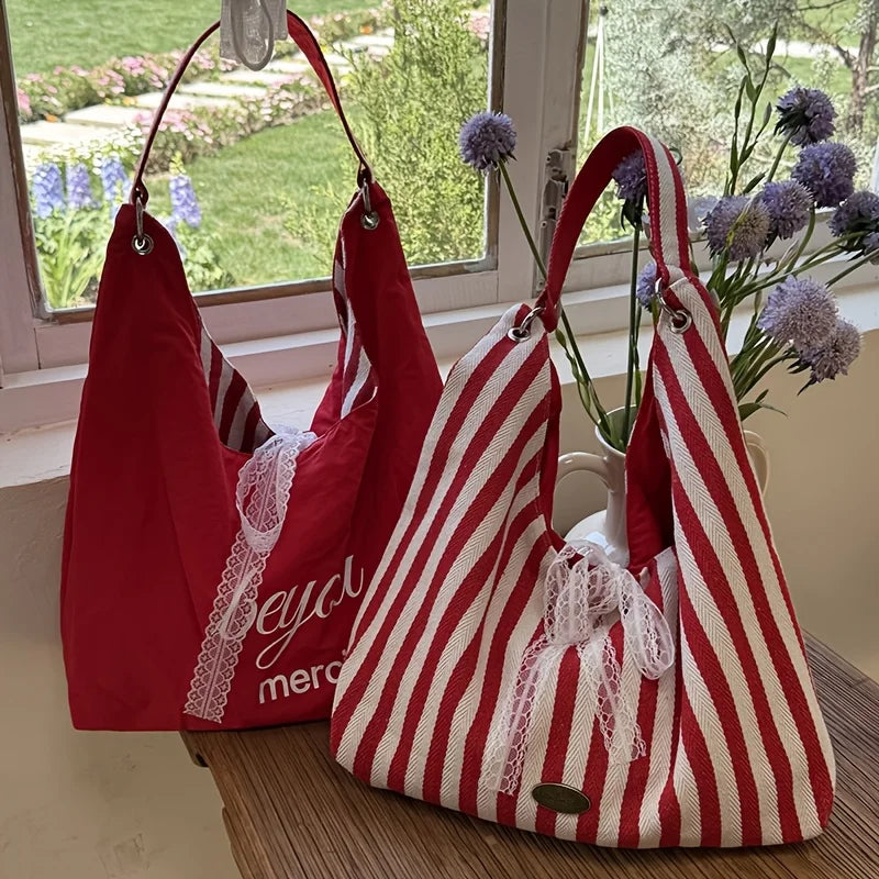 Double-Sided Women's Tote Bag | Striped Lace Bow Shoulder Bag