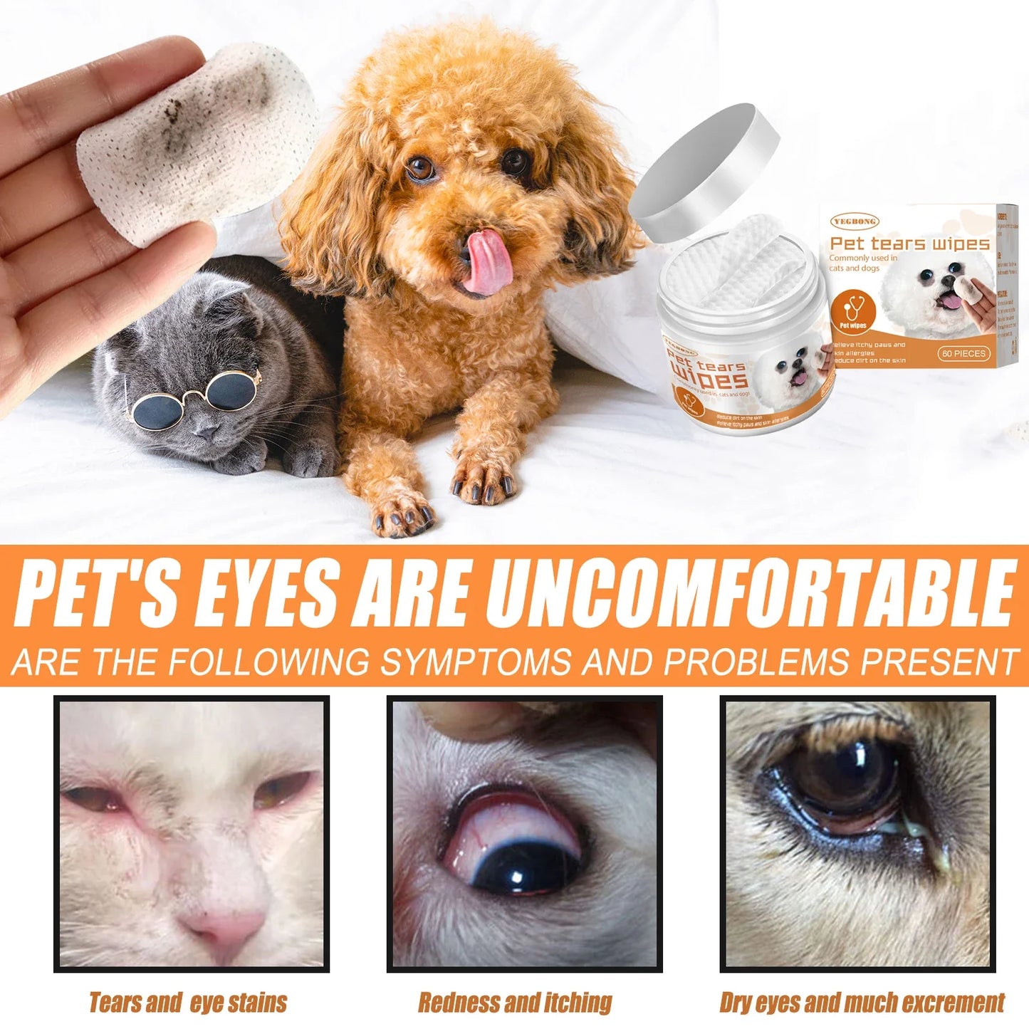 Pet Eye Wipes – Tear Stain Remover for Dogs & Cats 60 Pads
