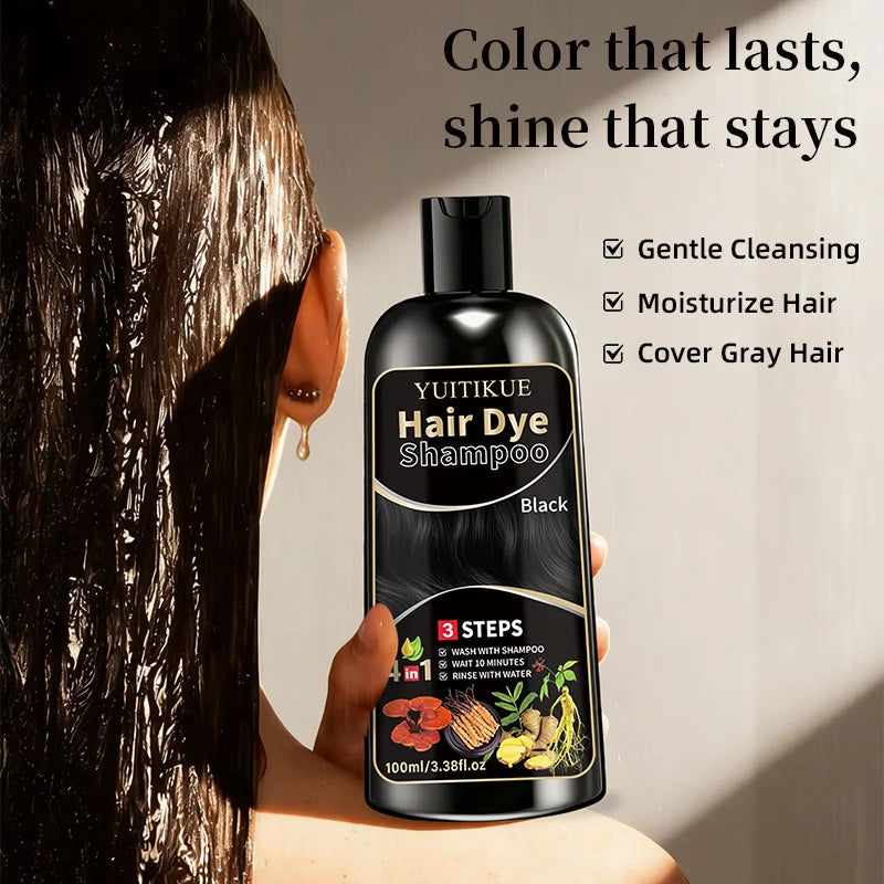 YUITIKUE Herbal Black Hair Dye Shampoo 100ml - Gentle 4-in-1 3 Steps Hair Color Shampoo for At-Home Easy Use Peaceful Pleasures Health and Wellness