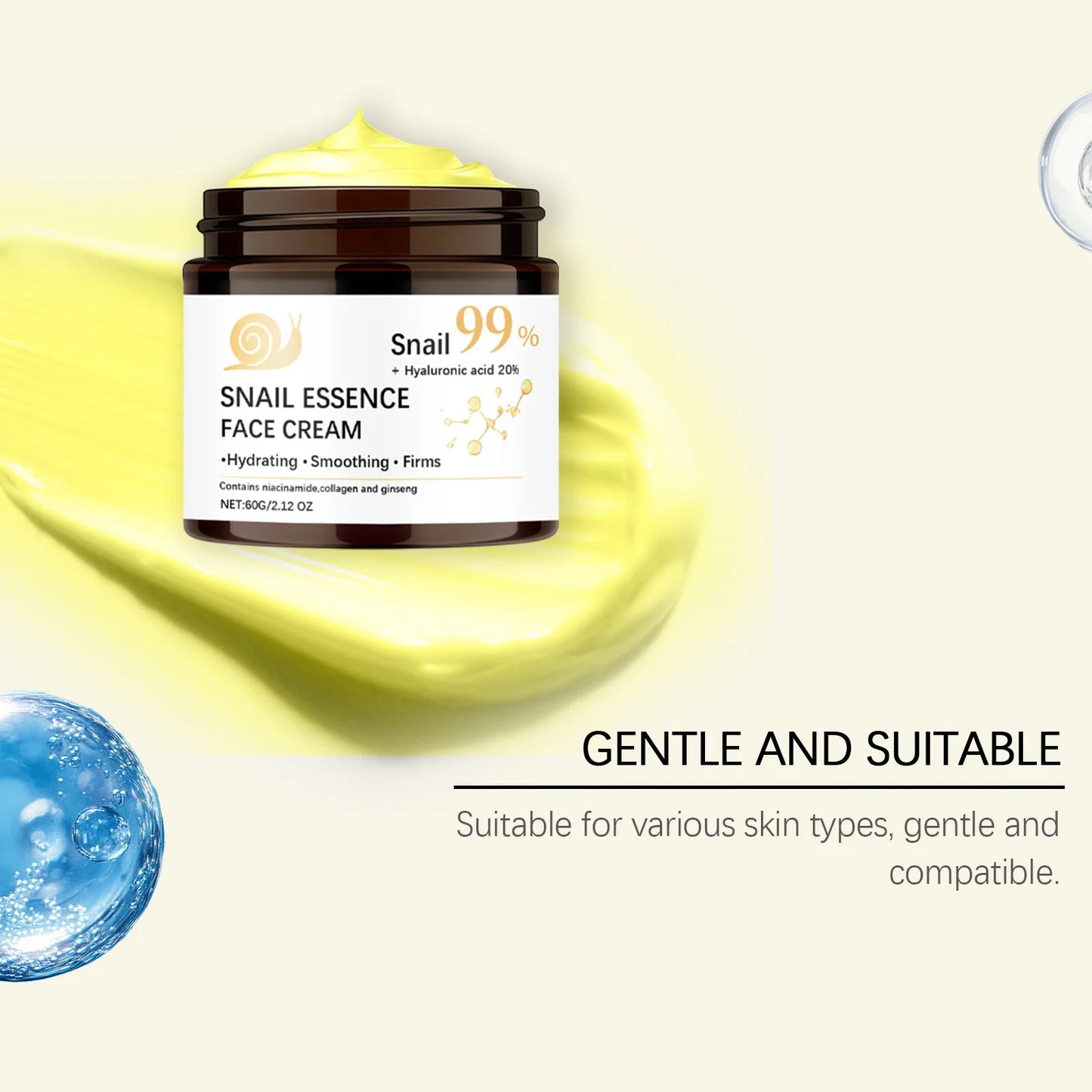 Snail Moisturizing Face Cream 99% Snail Essence Hyaluronic Acid 20% Firming Lifting Skin Smoothing Repair Barrier Skin Care 60g Peaceful Pleasures Health and Wellness