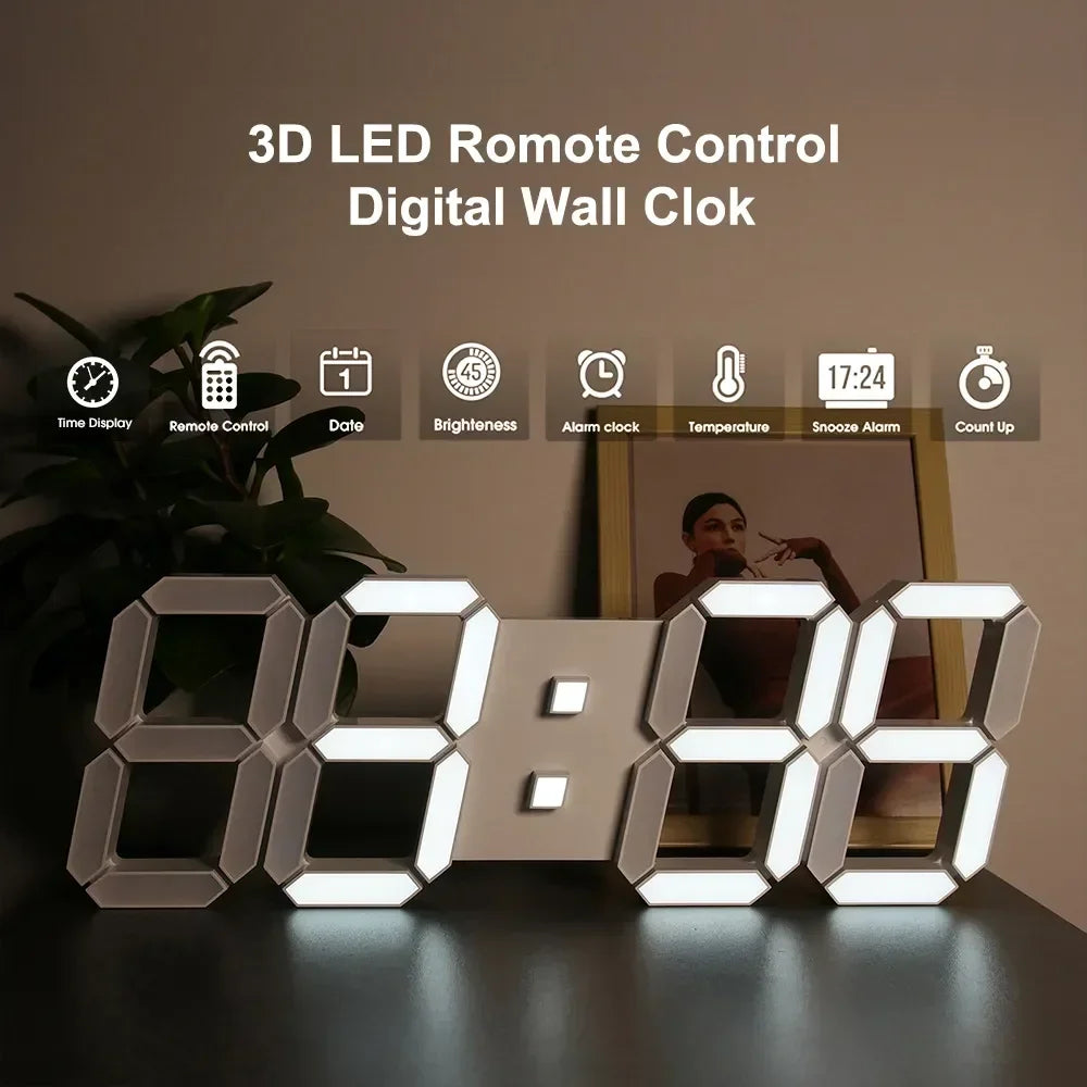 15" LED Digital Wall Clock with Remote – Time Date Temp