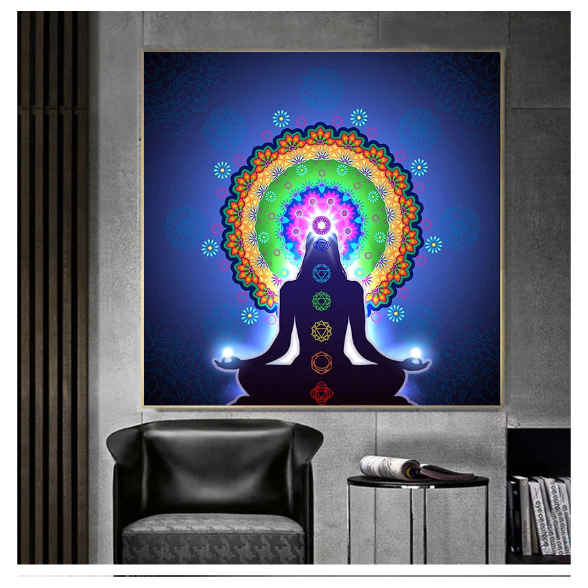 Buddha Statue Meditation 7 Chakra Mandala Psychedelic Yoga Boho Wall Art Paintings Décor Canvas Posters Prints Indian Peaceful Pleasures Health and Wellness