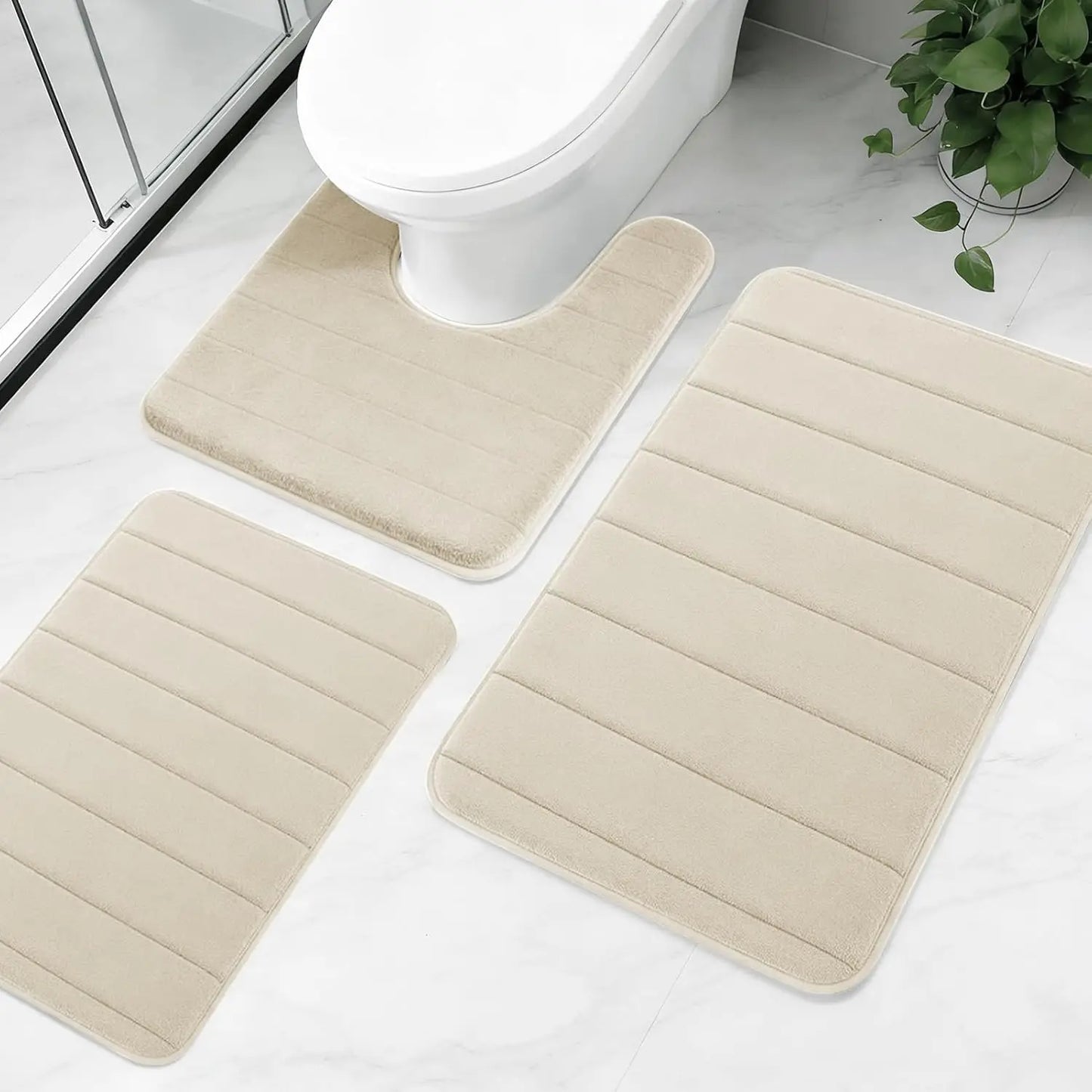 3Piece Non-Slip Bath Mat Set Memory Foam Bathroom Rugs Water Absorbent Shower Mat Machine Washable Toilet Mat for Bathroom Floor Peaceful Pleasures Health and Wellness Beige