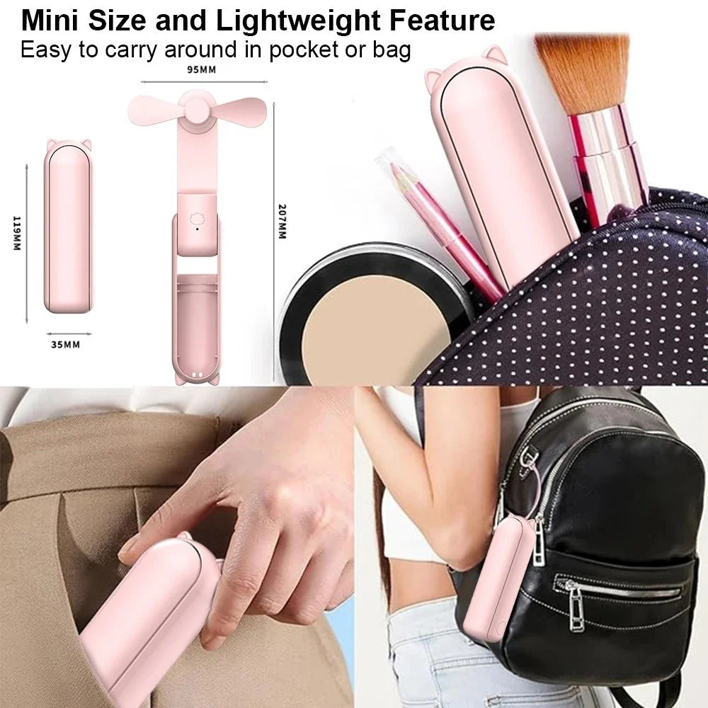 3-in-1 Foldable Mini Handheld Fan – USB Rechargeable Power Bank