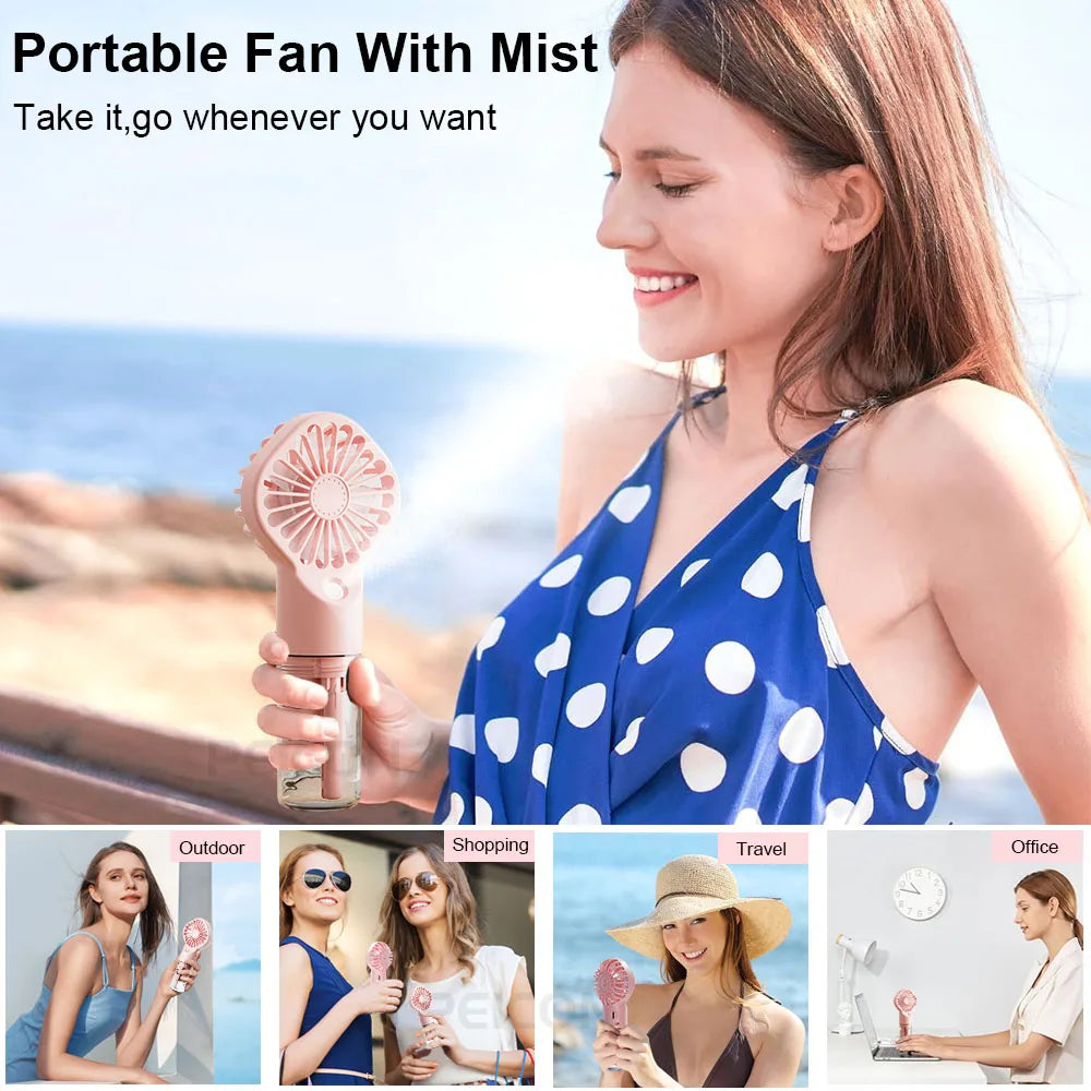 Portable Handheld Mist Fan Rechargeable Personal Fan Spray Water Mist Fans for Summer Beach Travel Camping Mini Cooling Hand Fan Peaceful Pleasures Health and Wellness