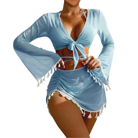 Solid Color Sexy Fashion Slim Fitting Beach Swimwear For Lady Split Lightweight Strap High Waist Pleated Cover-up Four-Piece Set Peaceful Pleasures Health and Wellness