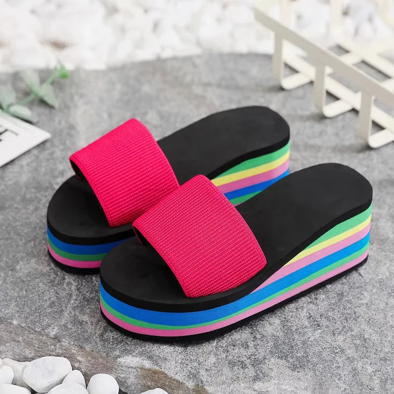 Women's Rainbow Bohemian Wedge Flip Flops | Non-Slip Beach Sandals