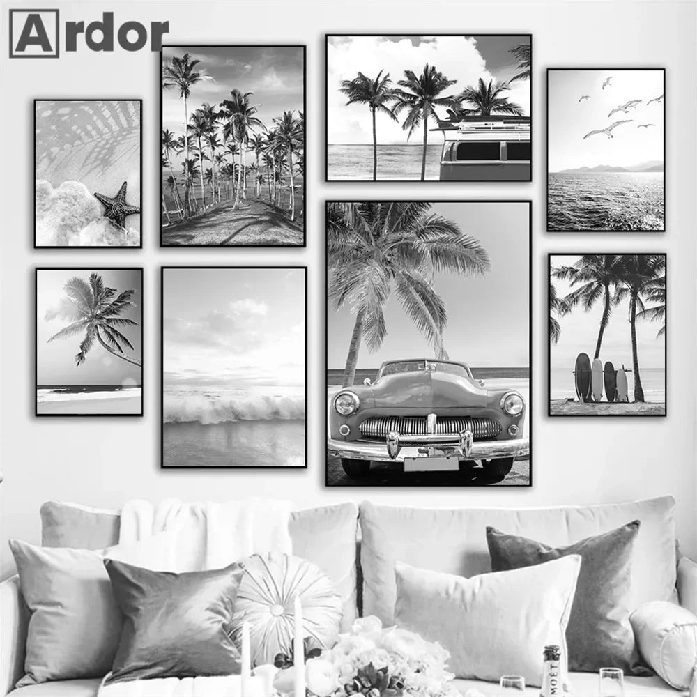 Black And White Starfish Beach Wall Posters Car Palm Tree Summer Landscape Art Print Canvas Painting Pictures Nordic Home Dec Peaceful Pleasures Health and Wellness