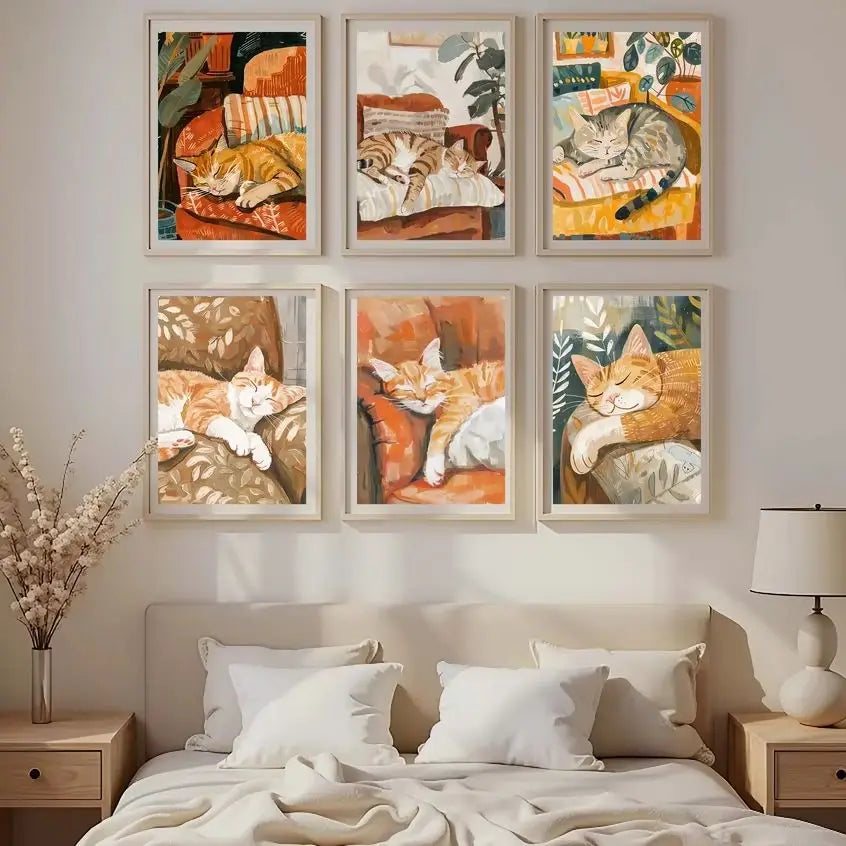 Nordic Wall Art Cute Cat Sleeping Gouache Vintage Canvas Painting Nordic Style Poster Prints Bedroom Living Room Wall Decor Peaceful Pleasures Health and Wellness