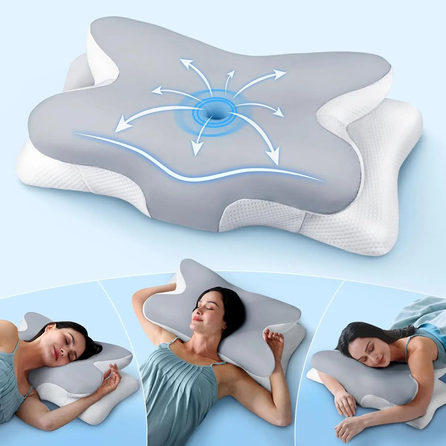 Cervical pillow with design features and usage scenarios on a light blue background