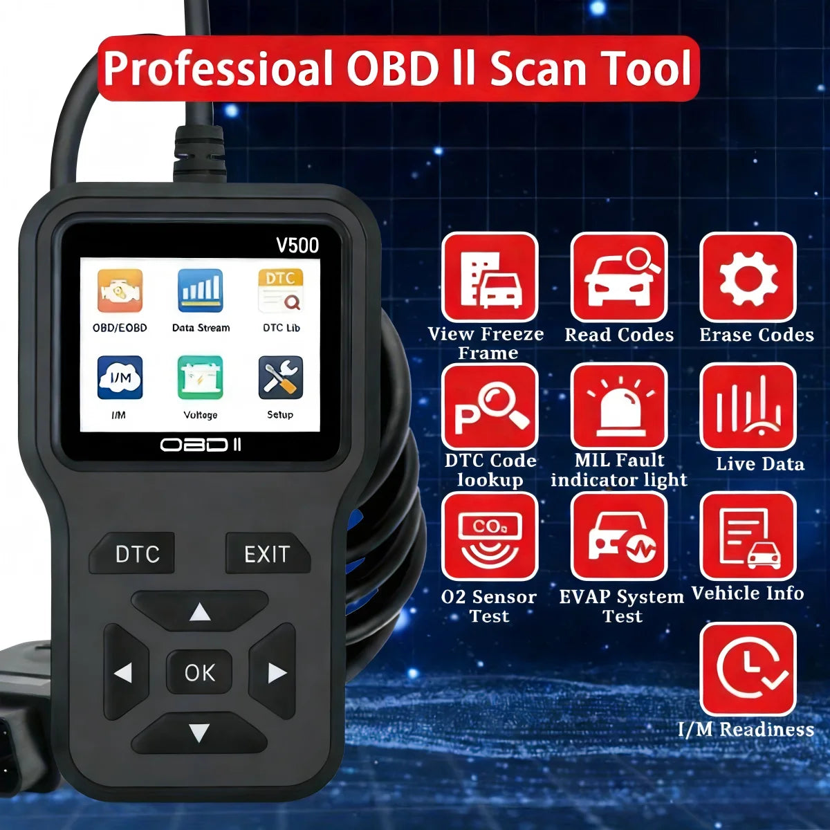2025 V500 Professional Obd2 Scanner - Usb-Powered Automotive Diagnostic Tool with Real-Time Data Stream, Full-Featured Obd Ii Testing (I/M Ready, Bod2/Eobd), Clears Engine Fault Lights, Reads/Erases Codes from Most Vehicles, Peaceful Pleasures Health and Wellness